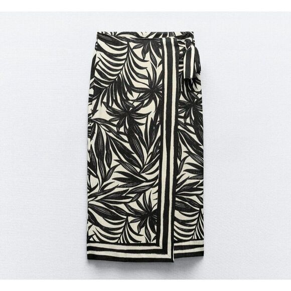 Zara Womens Wrap Skirt Midi Size M Black Printed High Waist 9878/109 NWOT - Picture 2 of 12